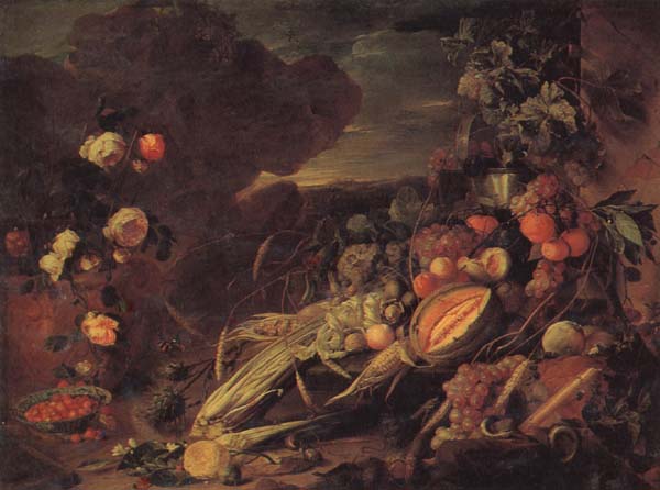 Fruit and Flowers in a Vase